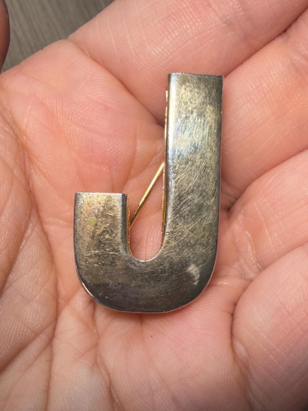 Vintage Letter J Brooch Gold Tone Minimalist Initial Pin Heavy Hollow Design